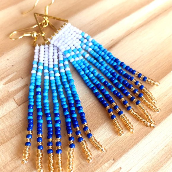 Gradient Colors Gold Triangle Body Hand Beaded Seed Bead Tassel Dangle Earrings - Picture 12 of 15